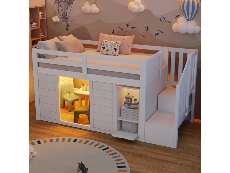  Lit mezzanine 90x200 cm, lit combiné, escalier avec rangement, rangements intégrés, éclairage led, support à lattes stable, pin blanc OPULERANE TRADING LTD - Conforama D