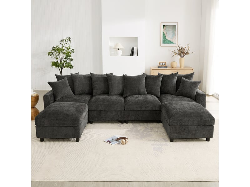  Canapé d'angle, canapé modulable, 6 places, en chenille, gris, repose-pieds, pour salon et séjour, usb  - Conforama D