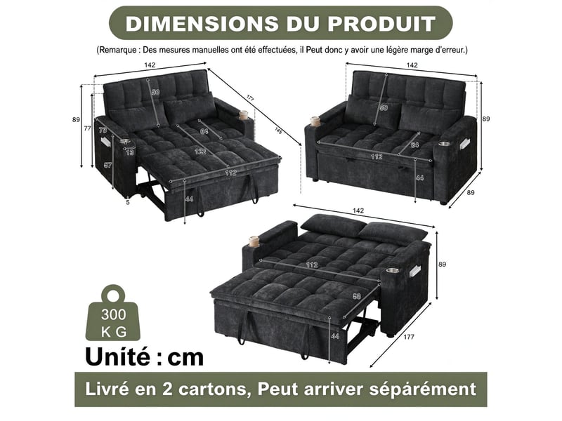 Canapé-lit convertible 2 places 3-en-1 142 × 89 × 89 cm en chenille noire, rangements, poches et 2 porte-gobelets - Conforama C