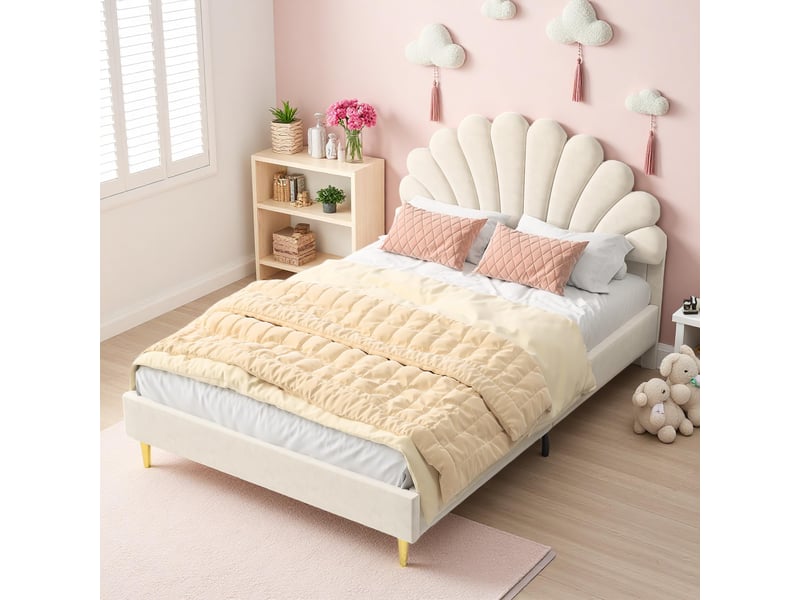 Lit enfant 140x200 cm cadre rembourré en velours, tête de lit design pétale, pieds métalliques dorés, structure stable charge 250kg - Conforama B