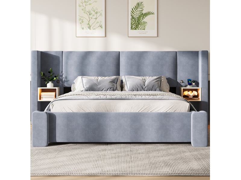  Lit coffre 180 × 200 cm 2 places avec led, rangements et tête de lit rembourrée, sans matelas, en lin gris  - Conforama C