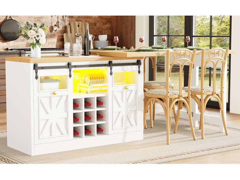  Îlot de cuisine extensible 120-197 x 40 x 72 cm, portes coulissantes vitrées et éclairage led rgb, blanc, en mdf robuste  - Conforama B