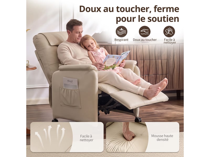  Fauteuil de massage électrique, fauteuil détente pour télévision avec fonction massage et chaleur, 4 roues, blanc crème  - Conforama E