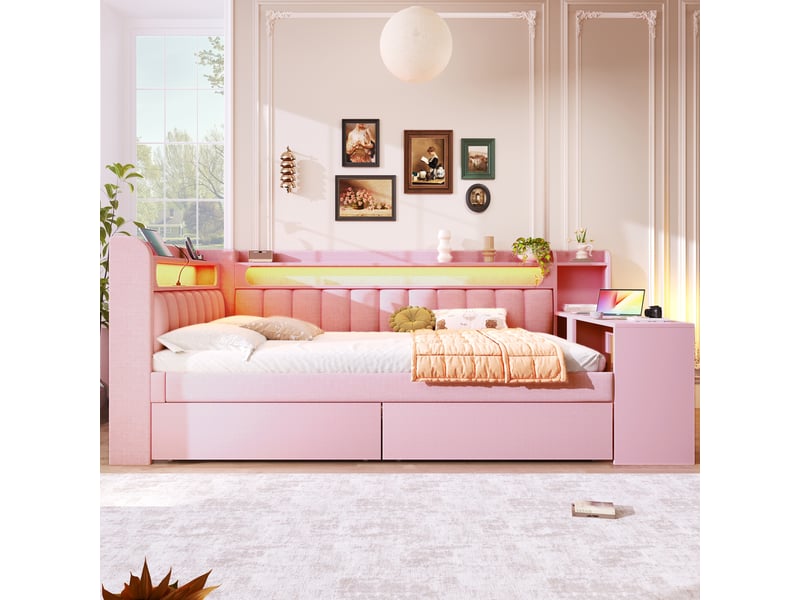  Lit plateforme 140x200 cm avec bureau, 2 tiroirs, led 7 couleurs, ports usb, tissu lin rose, sans matelas  - Conforama W