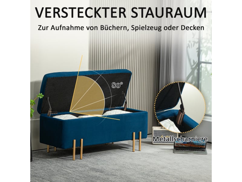  Banc coffre rembourré bleu foncé avec rangement, métal, bois d’hévéa et mousse, 100x40x42 cm  - Conforama D