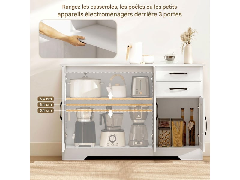  Buffet avec 2 tiroirs et portes fermeture douce en mdf et panneau de particules blanc  - Conforama D