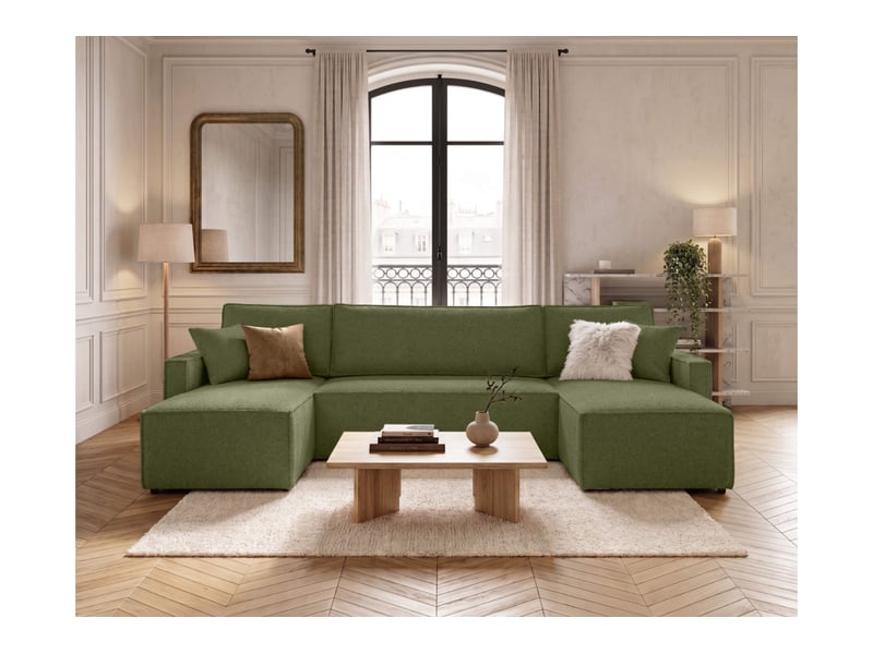  Farah - canapé d'angle panoramique convertible 6 places accoudoirs slim en tissu bouclettes texturées  - Conforama B