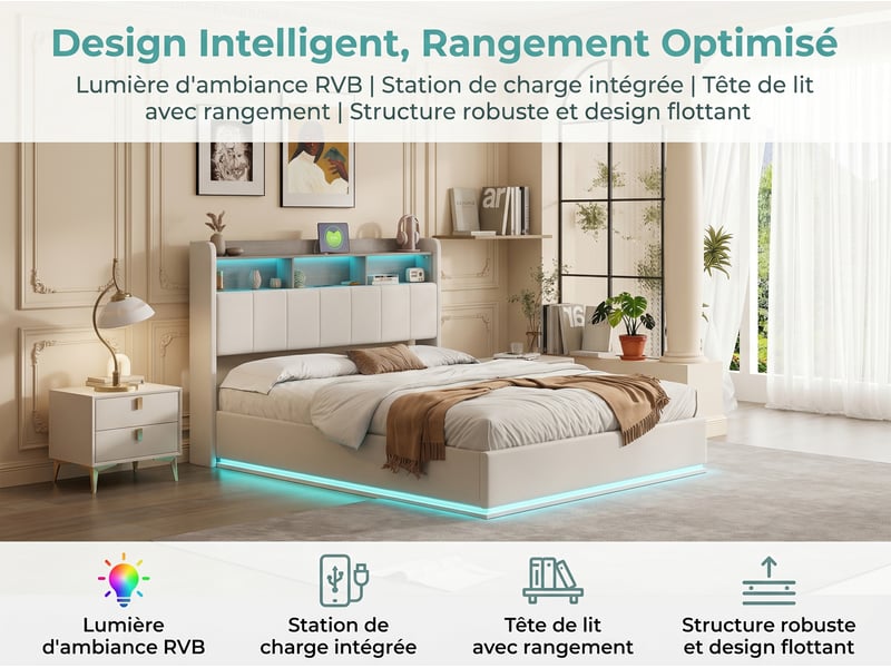 Lit coffre 140x200 cm - led intégrée - tête de lit avec rangement - ports usb + type-c - velours  - Conforama D