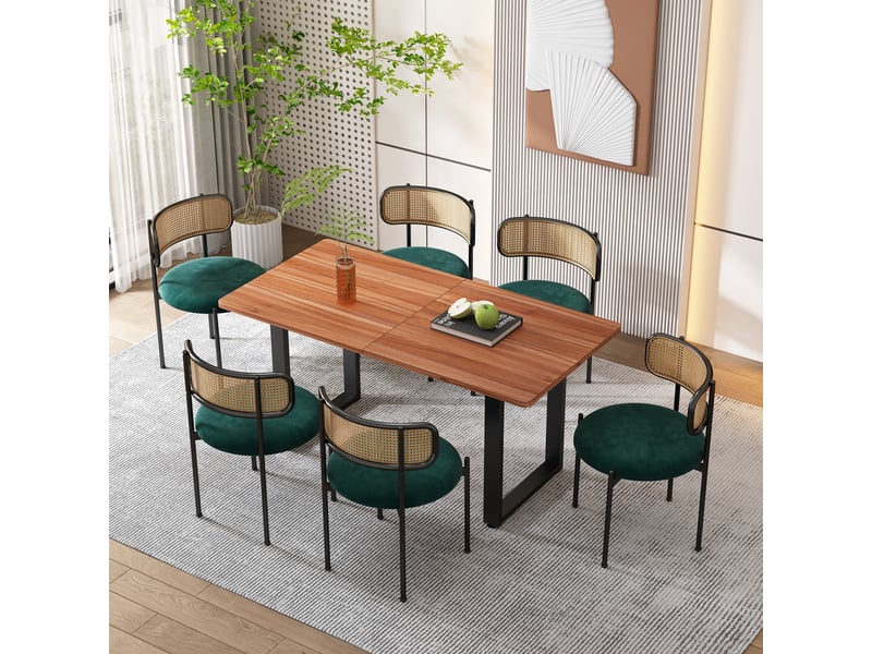  Chaises de salle à manger lot de 4 avec dossier en rotin et assise ronde - lpospi - pieds en métal, velours vert  - Conforama C