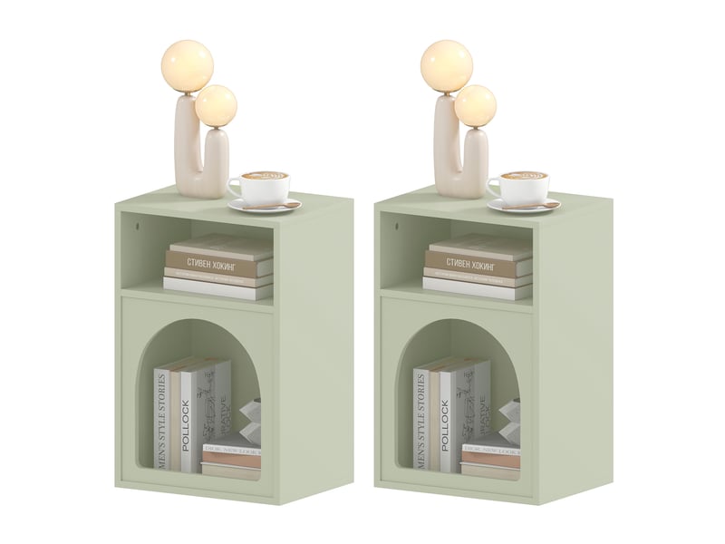  Lot de 2 tables de chevet, table de nuit avec compartiments ouverts, design arqué, 40 x 30 x 60 cm, vert clair  - Conforama B