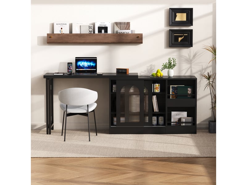 Îlot de cuisine table de bar pivotante 360° extensible avec rangement buffet porte en verre noir - Conforama E