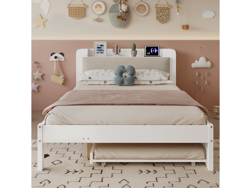  Lit gigogne 120x200cm - avec lit gigogne 90x190 en bois avec tiroir , tête de lit rembourrée, rangement, prises - blanc  - Conforama B