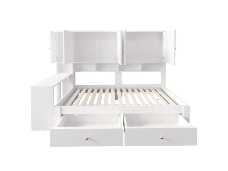  Lit enfant 90x200 cm avec bureau, rangements, 2 tiroirs, led et prises, coloris blanc, sans matelas  - Conforama E
