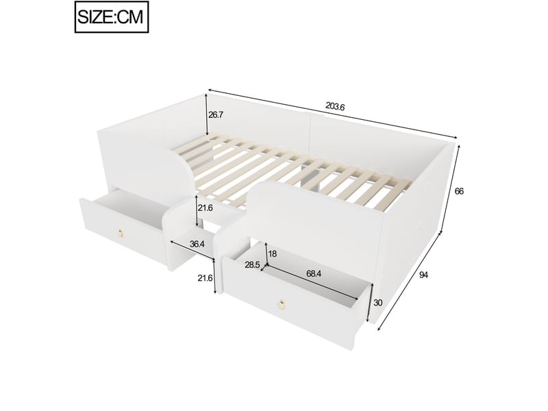  Lit enfant modenvie 90 x 200 cm avec 2 tiroirs, barrières latérales et marchette, blanc  - Conforama C