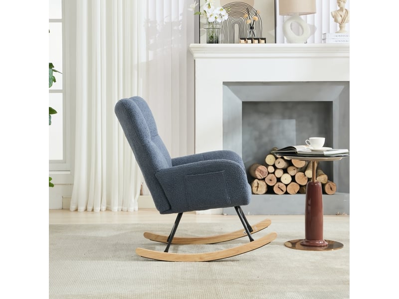  Rocking-chair avec dossier enveloppant, accoudoirs et poche, assise rembourrée en tissu bouclette bleu marine  - Conforama E