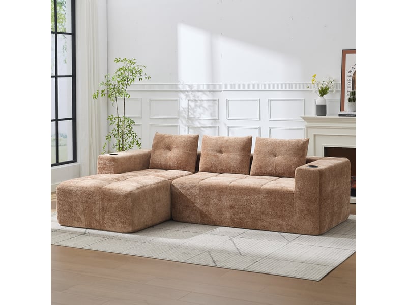  Canapé d'angle - marron clair - chenille rembourré - 258 cm de longueur - 163 cm de largeur - 68 cm de hauteur 258x163x68cm - Conforama E