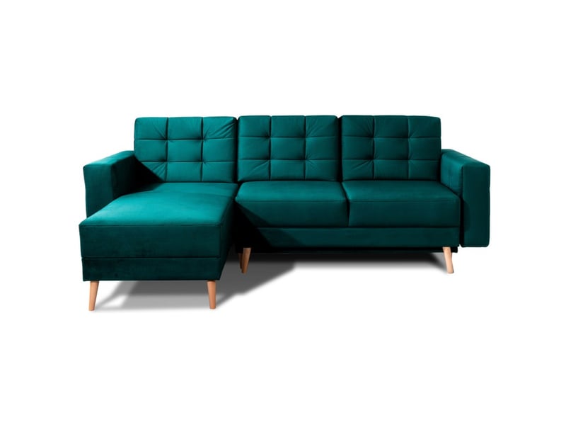  Canapé d'angle convertible hasgard 3 places vert foncé 248x162 cm – coffre et pieds bois  - Conforama A