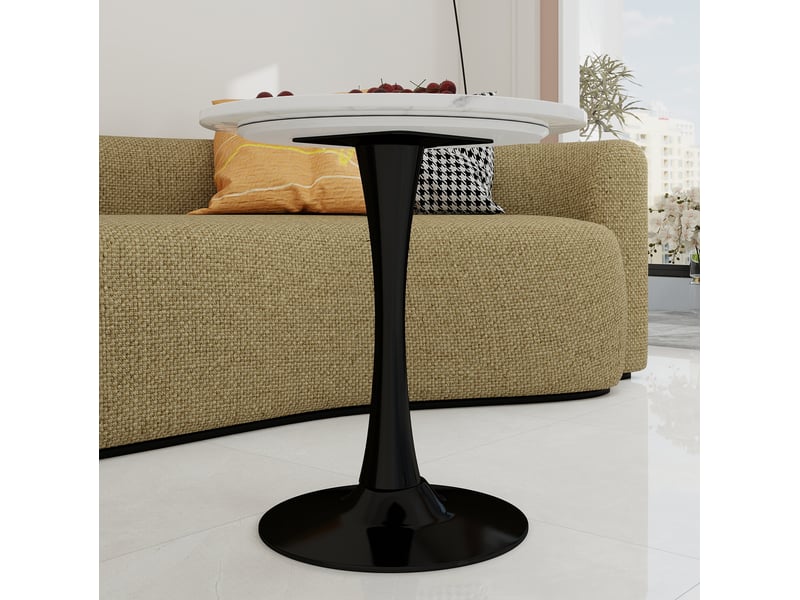  Table basse ronde 70x70x72cm design minimaliste, pieds hauts, marbre reconstitué, adaptée à 2 personnes, noir et blanc  - Conforama E