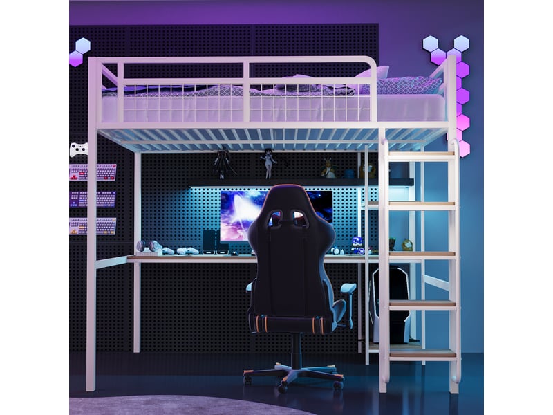  Lit mezzanine métal 140*200 cm avec échelle et sécurité, bureau et étagères intégrés, coloris blanc pour ado  - Conforama E