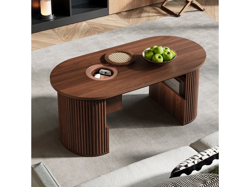  Table basse ovale avec niches et étagères ouvertes, en mdf, noyer, 105 × 50 × 45 cm - uvrion  - Conforama D
