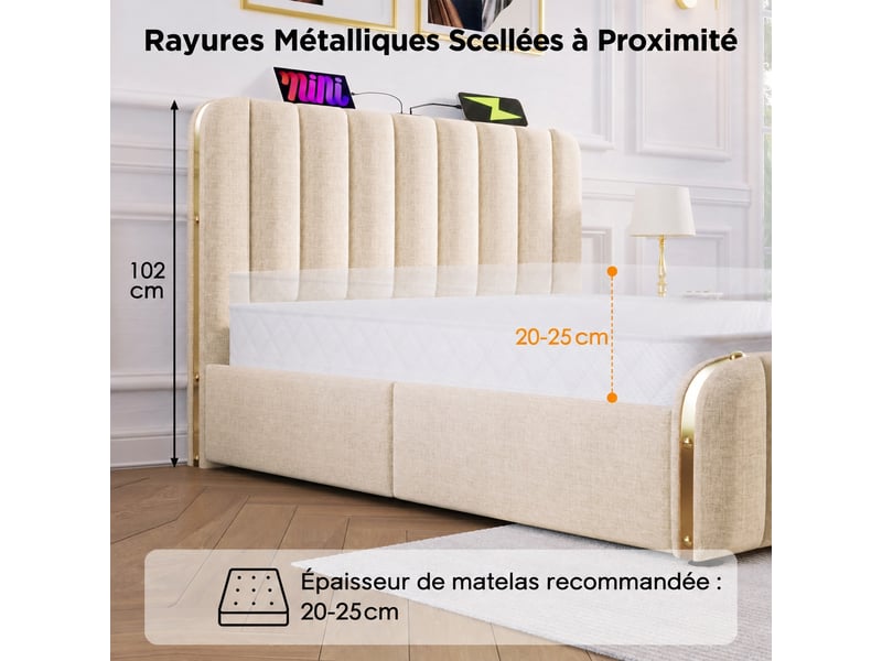 Lit coffre 160x200 en lin beige, tête rembourrée, ports usb et usb-c - Conforama E