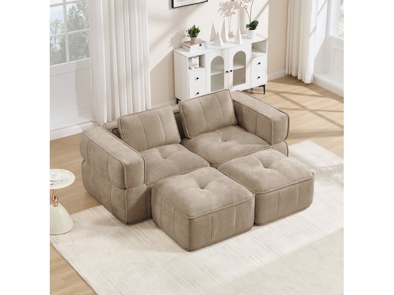 Canapé modulaire 2 places avec deux repose-pieds, assise profonde en mousse 32d, sans montage en polyester sable - Conforama D