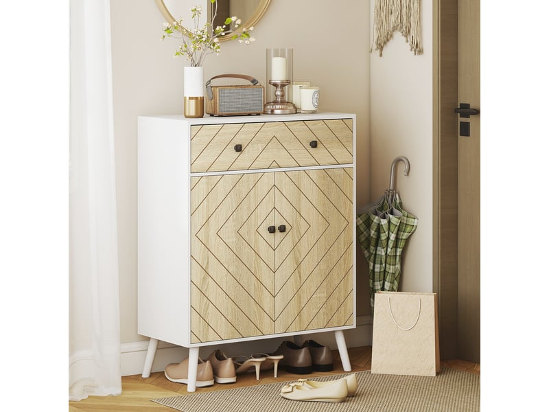  Meuble à chaussures d'entrée avec 2 portes, étagères réglables, tiroir pour 12 paires de chaussures, 75 x 35 x 97 cm, blanc et naturel  - Conforama B