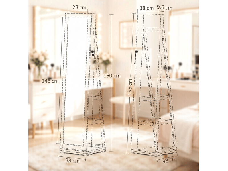  Miroir sur pied avec armoire à bijoux pivotante à 360°, mdf et verre, blanc  - Conforama E