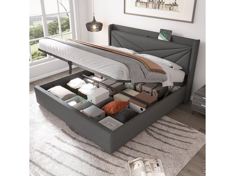 Lit avec rangement 180x200 cm, ports usb et usb-c, sommier à lattes, structure en tissu coton-lin, pour chambre enfant - gris - Conforama B