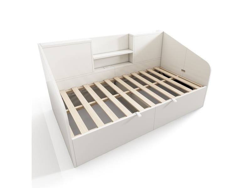 Lit banquette 90x190 cm – blanc – coffre hydraulique, étagères et station de charge usbtype-c - Conforama D