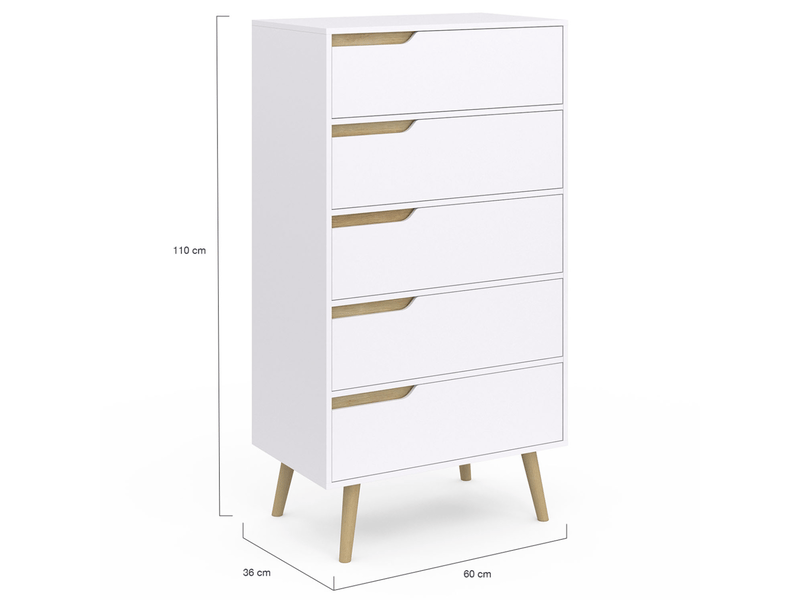Chiffonnier 5 tiroirs helsinki 60 cm scandinave blanc commode semainier  - Conforama E