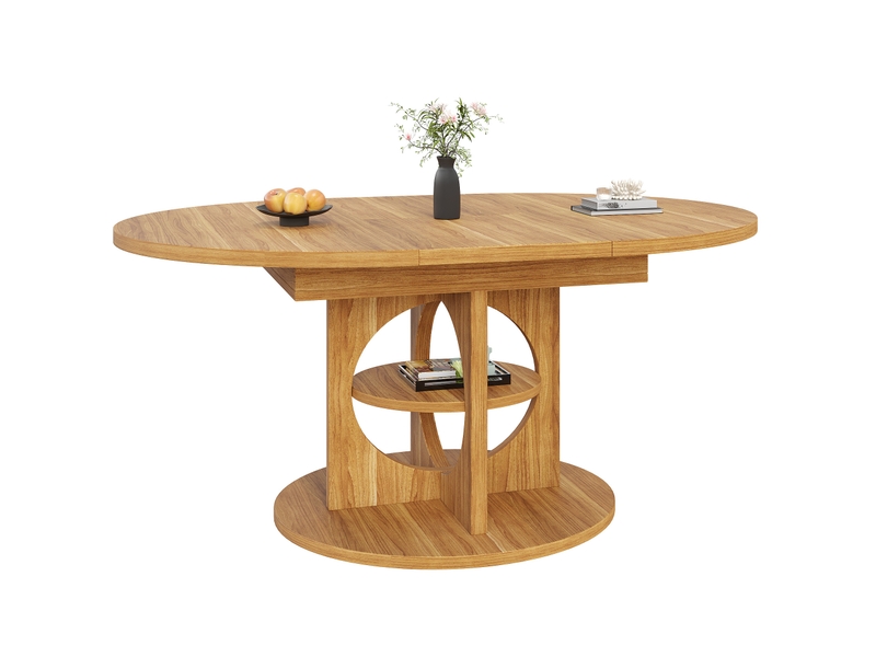  Table à manger extensible, plateau rond à ovale 110-150cm, espace de rangement, panneau aggloméré et cadre métal ton naturel, salle à manger  - Conforama A
