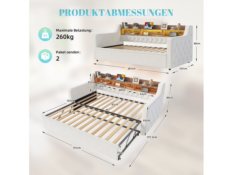  Canapé-lit convertible modenvie 90 x 190 cm en velours beige avec couchage extractible, tête de lit de rangement en bois, led, usb et type-c  - Conforama C