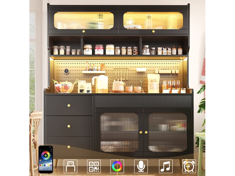  Buffet haut 145x39x171 cm avec éclairage led mdf noir  - Conforama C