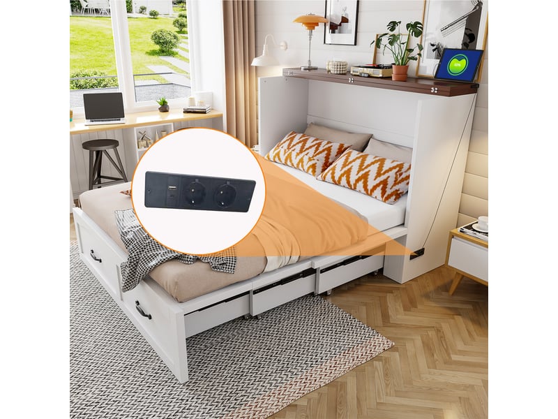  Lit escamotable double 140×200 cm, prise intégrée et roulettes silencieuses  - sans matelas, bois et métal - blanc  - Conforama E
