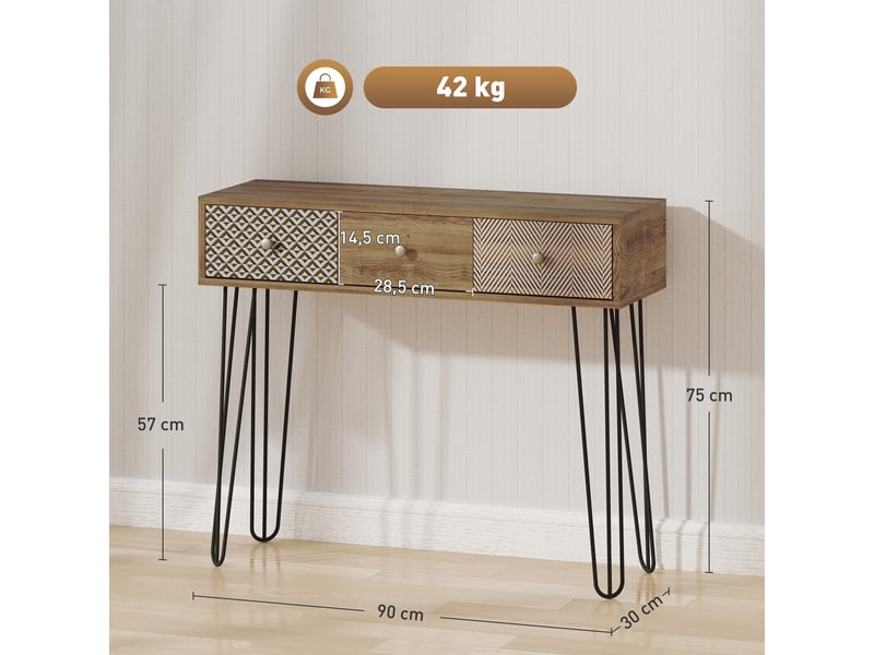  Table console avec 3 tiroirs, table d'entrée étroite avec pieds en épingle à cheveux en acier, marron, 90 x 30 x 75 cm  - Conforama C