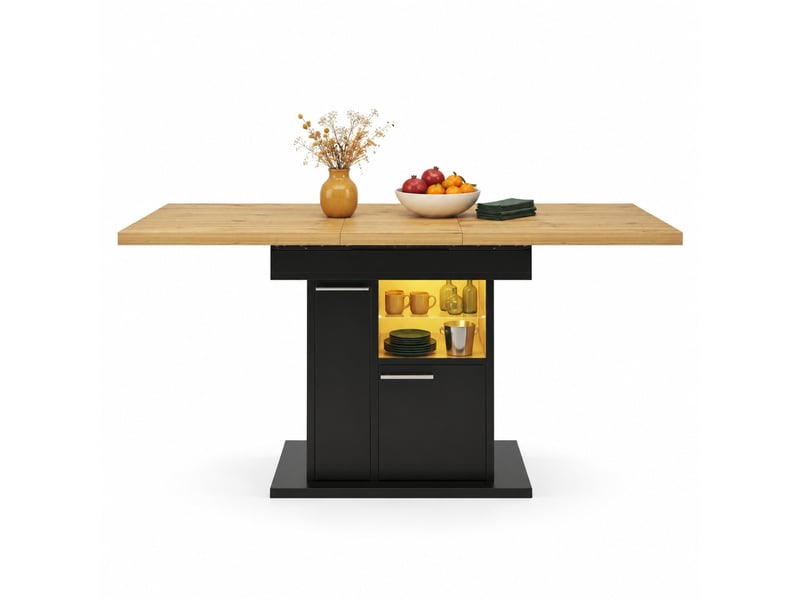  Table à manger extensible avec rangement et éclairage led - lpospi - étagères en verre mdf noir 110 × 80 × 77,2 cm  - Conforama A