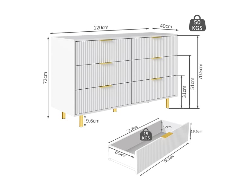  Commode 6 tiroirs, l120x p40xh72 cm, buffet design moderne pour chambre et salon, mdf avec pieds en métal, blanc et or  - Conforama E