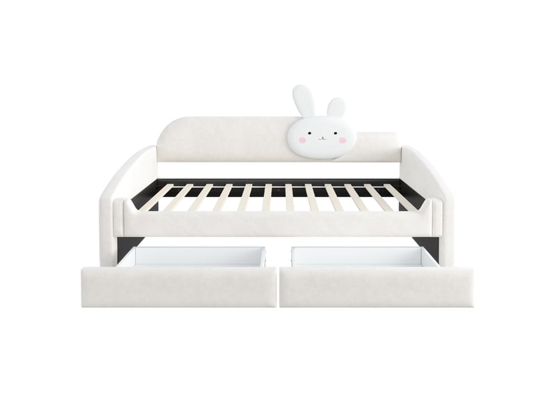  Lit banquette enfant 90x200 cm, 2 tiroirs, led, coussin lapin, rangement, mdf métal, tissu velours, beige, sans matelas  - Conforama E