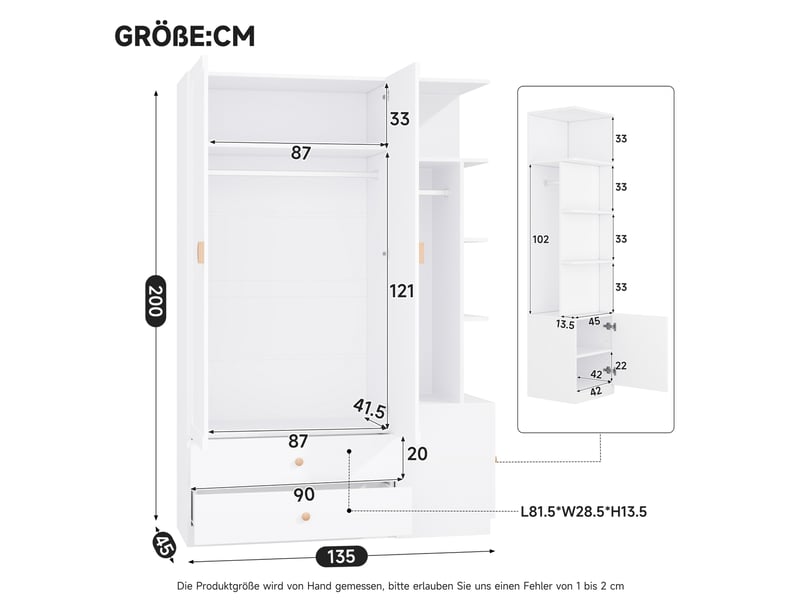  Armoire tcqpz blanche 135 x 45 x 200 cm avec 2 tringles 2 tiroirs rangement en mdf bois et acier  - Conforama C