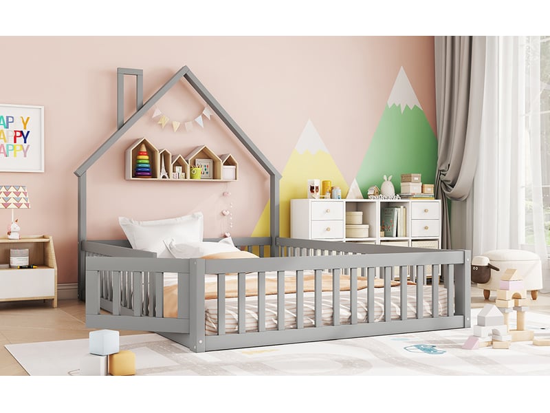  Lit enfant rembourré 140x200 cm en pin gris, style minimaliste, forme cheminée, sommier à lattes  - Conforama B