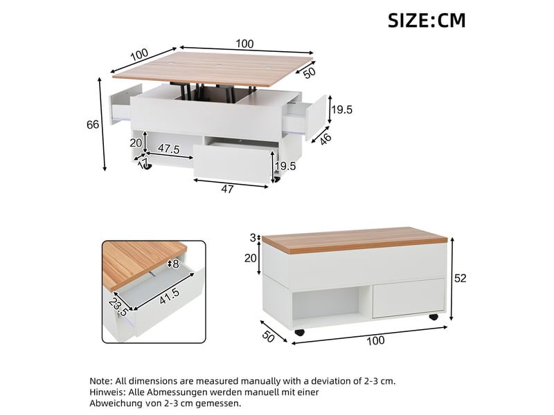  Table basse avec roulettes 100x50x52 cm, plateau relevable et extensible, 4 tiroirs, salon, aggloméré, blanc et chêne  - Conforama C