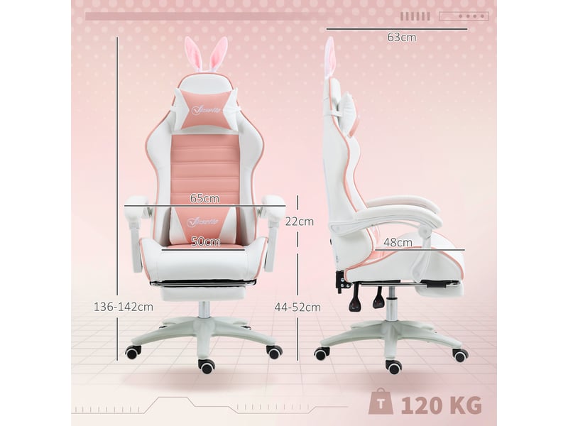  Chaise de jeu ergonomique avec soutien lombaire, repose-pieds et appui-tête oreilles de lapin, rose  - Conforama E