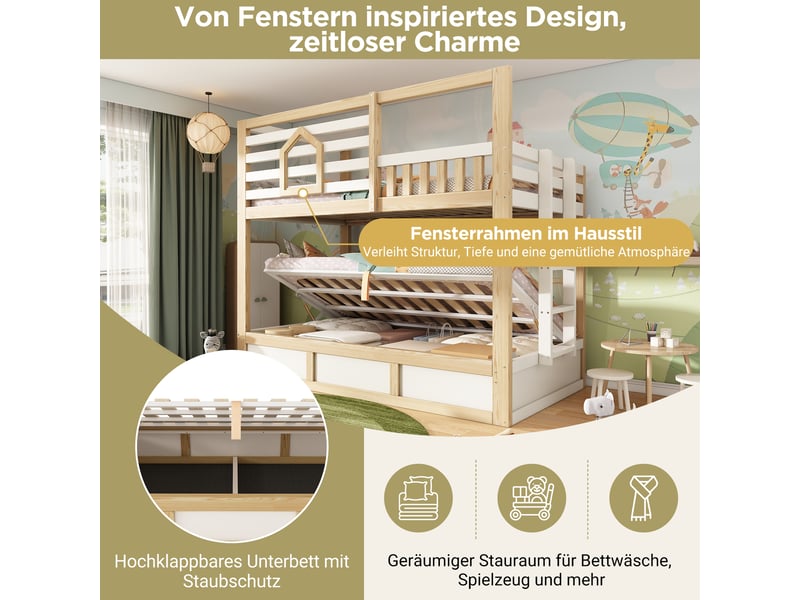 Lit superposé enfant 2 places 90×200 cm avec rangement hydraulique - okmyhome- bois blanc et chêne, sans matelas - Conforama E