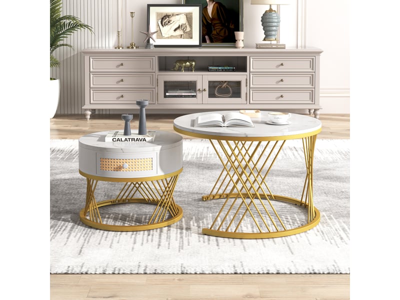  Lot de 2 tables basses rondes 70x70x45,5 cm + 50x50x38,5 cm motif marbre, blanc et doré  - Conforama W