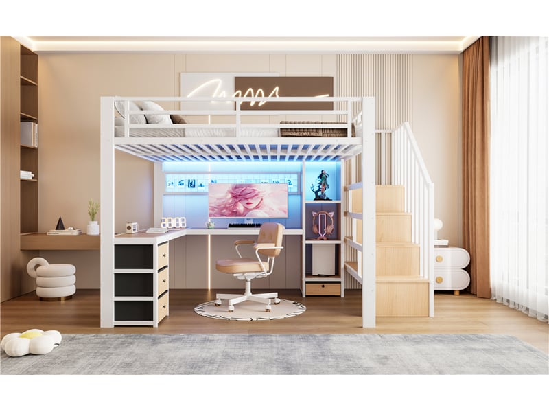  Lit mezzanine 140 x 200 cm avec bureau, 4 tiroirs et éclairage led, escalier de rangement et panneau grillagé, métal, blanc Morn Vibe - Conforama C