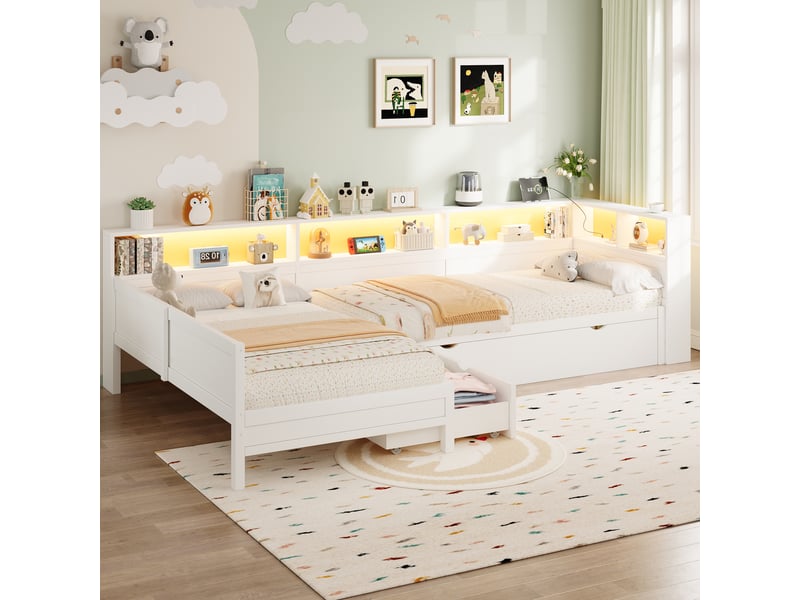 Lit enfant 90x200 cm gigogne en l avec led, prise usb-c, mdf blanc, sans matelas  - Conforama W