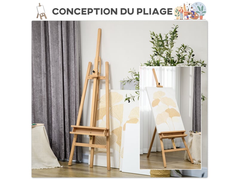  Chevalet de peinture pliant en hêtre avec hauteur et angle réglables, bois naturel, 65x110x180-235 cm  - Conforama W