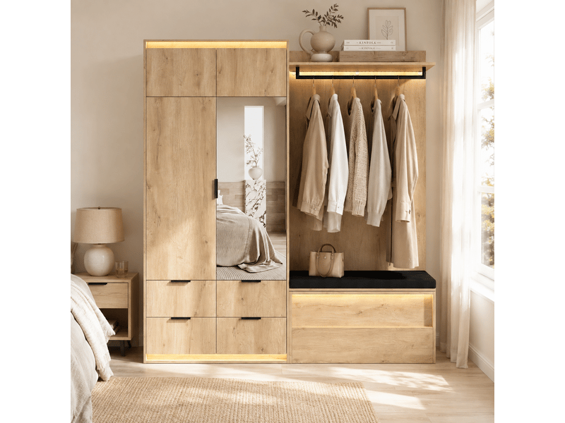 Vestiaire d'entrée complet avec miroir et led 180x47x200 cm - 2 penderies 4 tiroirs - Conforama B