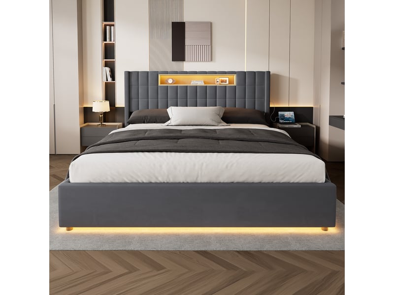  Lit double led avec fonction de charge et coffre de rangement en velours gris foncé 180 × 200 cm  - Conforama C